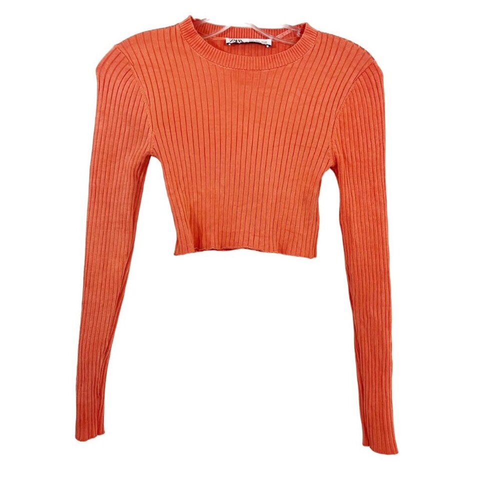 Zara Orange Ribbed Long Sleeve Crop Top Crewneck Fitted Stretch - Size Small